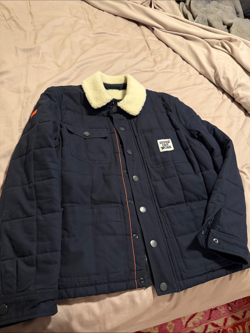 Superdry Navy Quilted Jacket with Cream Sherpa Collar